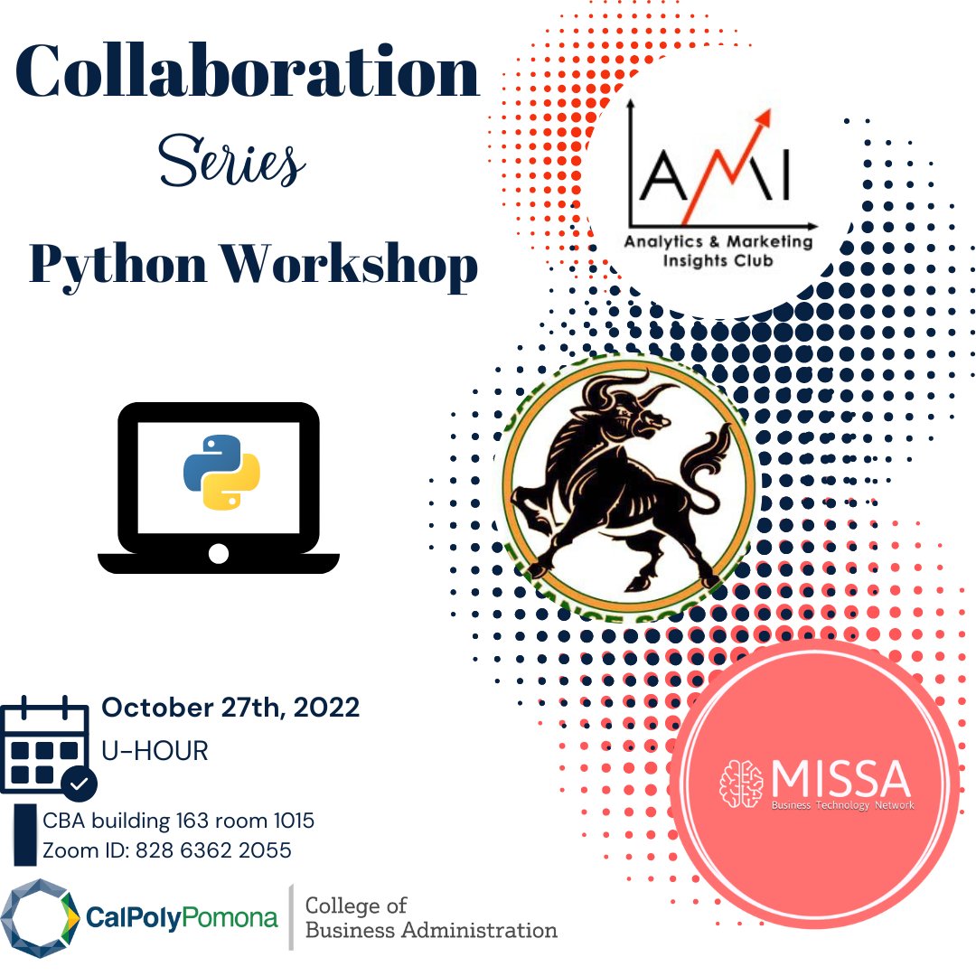 CPP_DMA's tweet image. Hey Broncos! Join us for our collaboration with MISSA and Finance Society this Thursday, 10/27 during UHOUR. MISSA will walk participants through analyzing S&P data in python with pandas, and generating visualizations with matplotlib. We look forward to seeing you there!