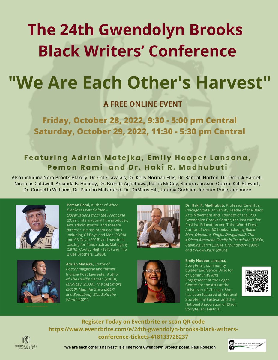Join us for the 24th Gwendolyn Brooks Black Writers' Conference Oct. 28-29th. Amanda B. Holiday will join us as a guest speaker. Amanda Holiday is an artist, filmmaker, poet and founder of Black Sunflowers Poetry Press . This is a FREE ONLINE event eventbrite.com/e/418133728237