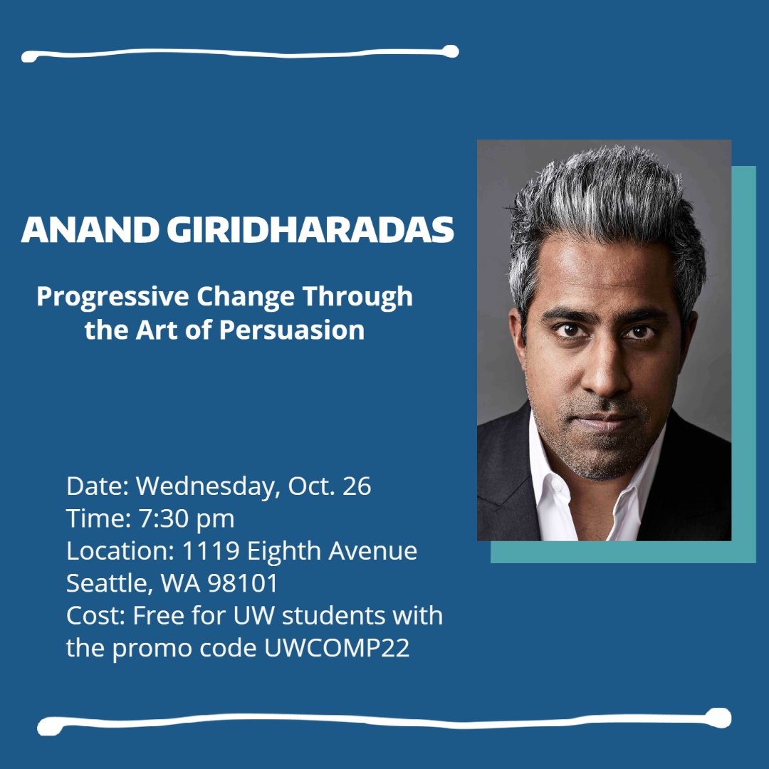 We hope to see you tonight at the first DGH 2022-2023 Common Book event - Seattle Town Hall lecture with 'Winners Take All' author Anand Giridharadas. ow.ly/IrSV50LjAQP?