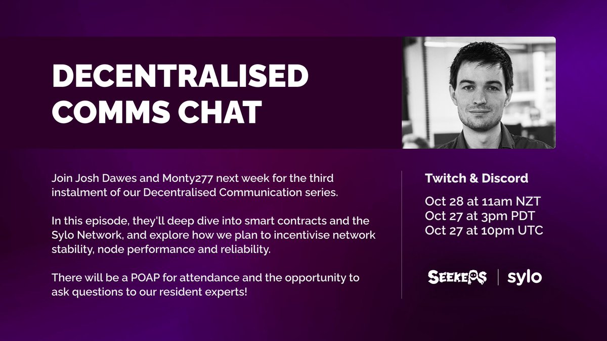 Want the opportunity to learn about decentralised comms and <a href="/sylo/">Sylo</a>, ask questions to our experts AND claim a POAP?

Join Josh Dawes and <a href="/monty277_/">monty.root</a> for part 3 of their educational series on all things decentralised comms! 

This week, we are talking smart contracts! ⬇️