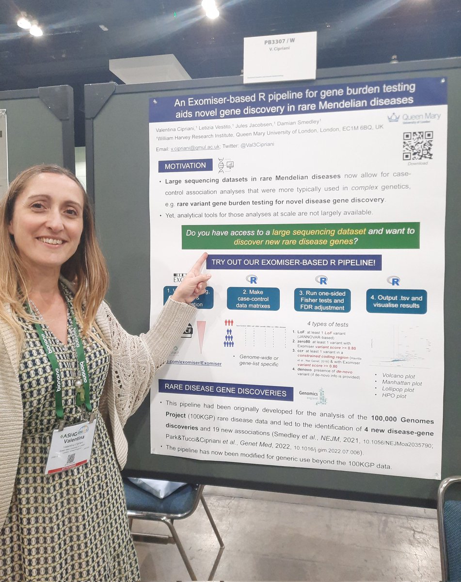 Do you want to discover new #raredisease genes in your #sequencing dataset? 
Come see me at poster PB3307 to find out about our #exomiser-based #R pipeline. 

#ASHG2022 <a href="/QMUL_C4TB/">Centre for Translational Bioinformatics QMUL-WHRI</a> <a href="/QMULWHRI/">William Harvey Research Institute</a> #wgs #wes <a href="/hp_ontology/">HPO</a> <a href="/MonarchInit/">Monarch Initiative</a> 
<a href="/letizia_ve/">Letizia Vestito</a> <a href="/SmedleyDamian/">Damian Smedley</a>
