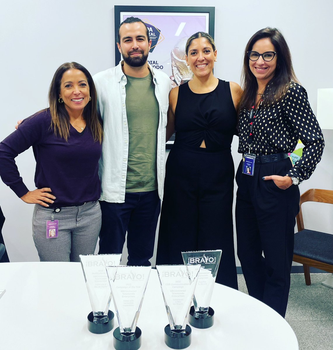 HPRA president <a href="/soniavdiaz/">La Sonia 💃🏽🇩🇴🇺🇸🇻🇪</a> visited the <a href="/NBCUTelemundo/">NBCUniversal Telemundo Enterprises</a> headquarters today to hand deliver the FOUR ¡Bravo! Awards their team won this year. For the second year in a row, Telemundo came out on top, this year with national campaigns focused on vaccine education and voter engagement.