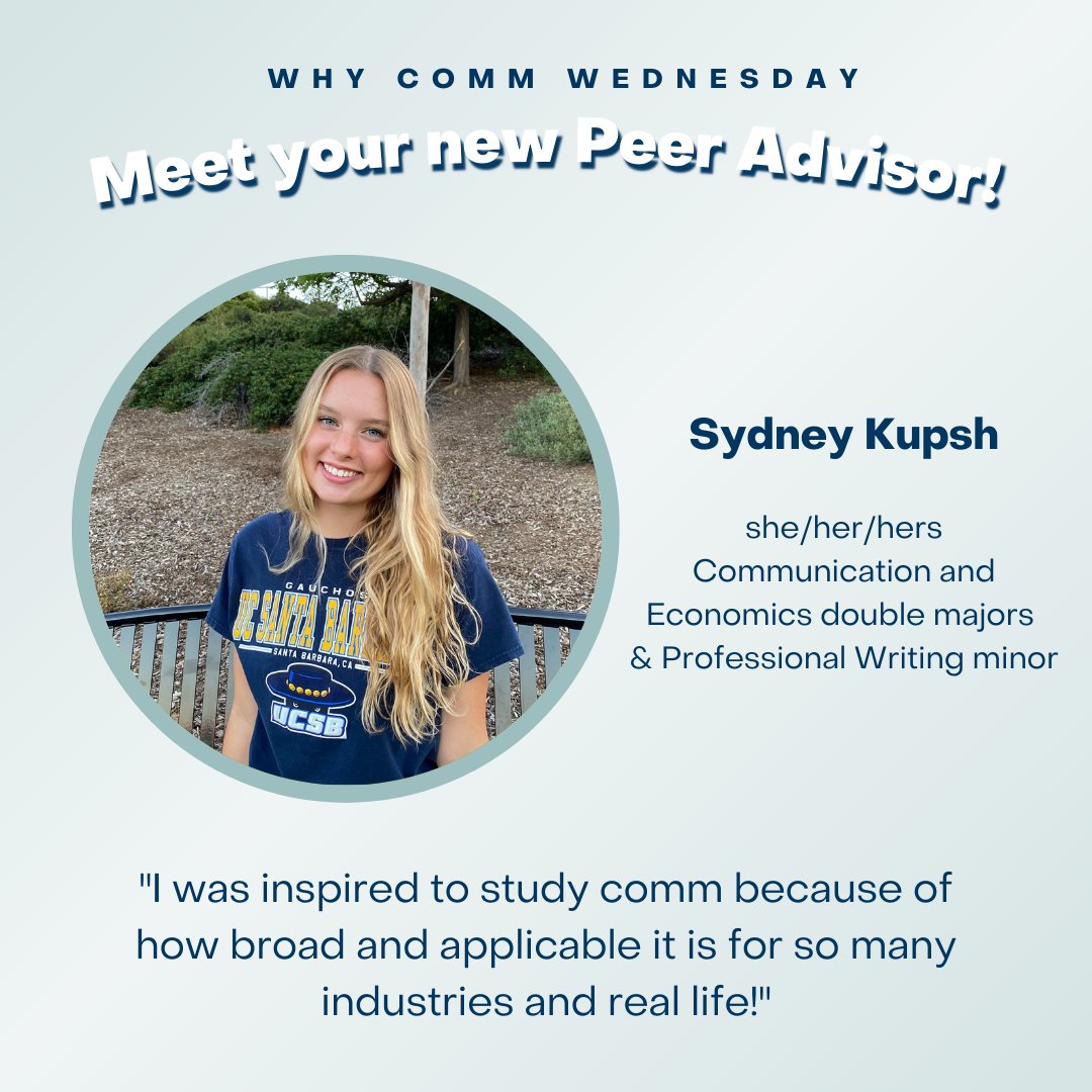 It's Why Comm Wednesday! Meet our newest peer advisor, Sydney Kupsh🥳 A fun fact about Sydney is that she has ran track and cross country competitively for 10 years before coming to college🏃‍♀️ Our doors are open for you on the 4th floor of SSMS, building!
