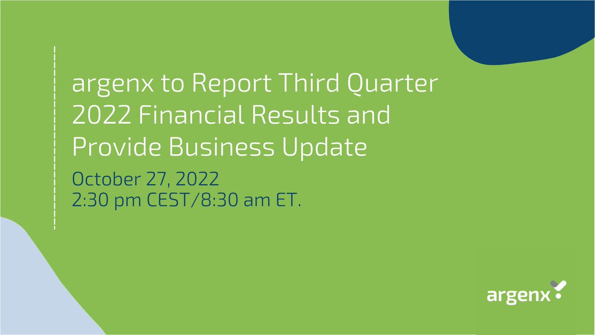 Join us for a conference call and audio webcast on 10/27 for our Q3 2022 financial results and business update. Register here: argenx.com/investors/even… #TogetherWeDiscover