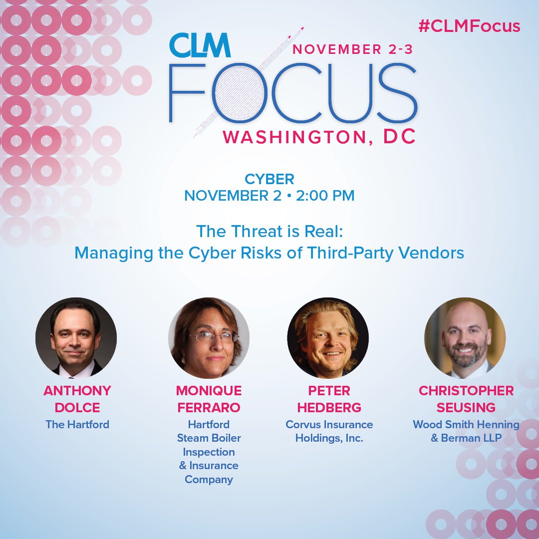 The CLM Alliance (@theclmalliance) on Twitter photo Let's talk #CyberRisks from third-party vendors who play no role in information security at #CLMFocus w/: Anthony Dolce, <a href="/TheHartford/">The Hartford</a>, Monique Ferraro, @HtfdSteamBoiler, Peter Hedberg, <a href="/CorvusInsurance/">Corvus Insurance</a>, Christopher Seusing, <a href="/WSHBLAW/">Wood, Smith, Henning & Berman LLP</a>.
šStill time to join: bit.ly/3yWwWQl Let's talk #CyberRisks from third-party vendors who play no role in information security at #CLMFocus w/: Anthony Dolce, <a href="/TheHartford/">The Hartford</a>, Monique Ferraro, @HtfdSteamBoiler, Peter Hedberg, <a href="/CorvusInsurance/">Corvus Insurance</a>, Christopher Seusing, <a href="/WSHBLAW/">Wood, Smith, Henning & Berman LLP</a>.
šStill time to join: bit.ly/3yWwWQl