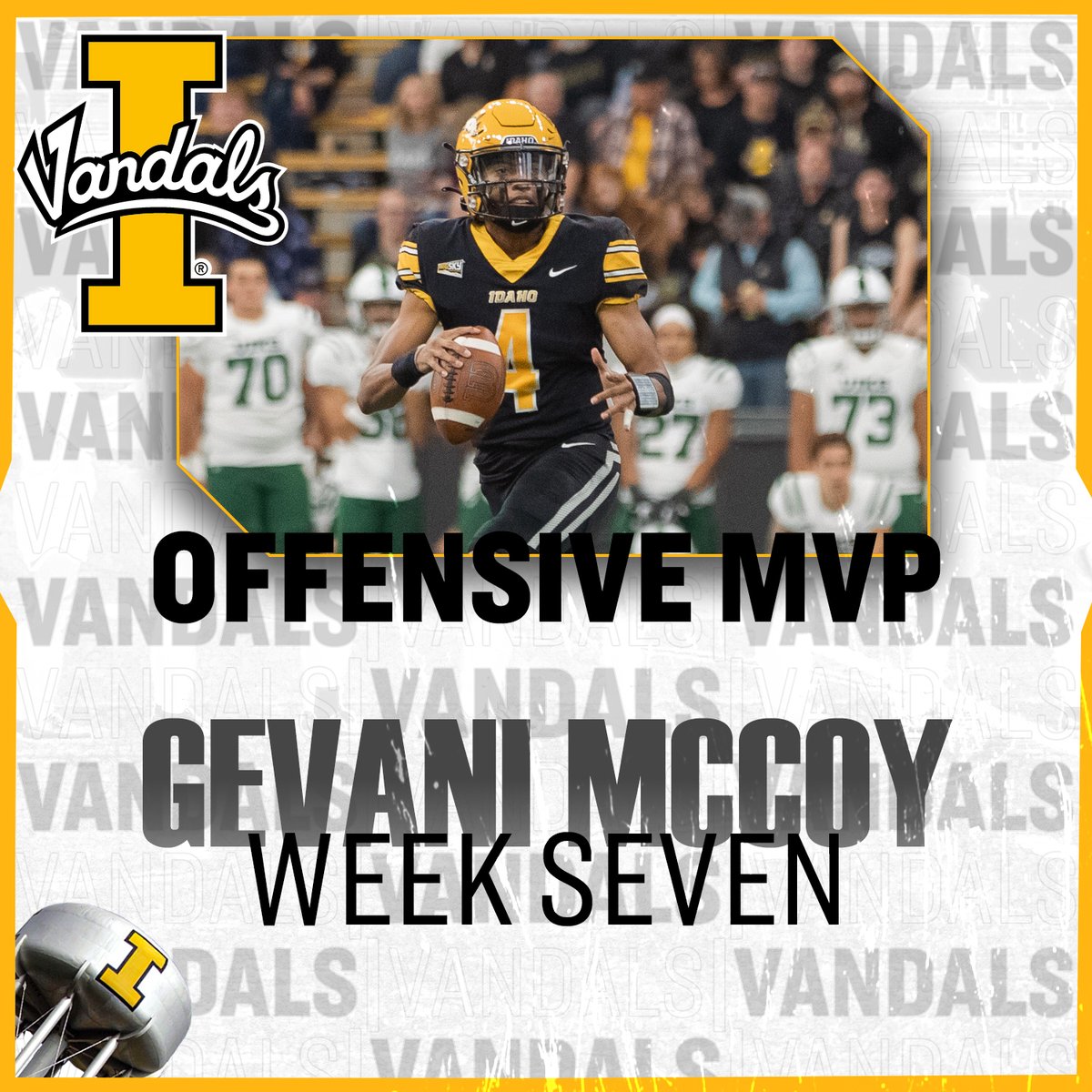 He threw for four touchdowns and caught another! Our game seven offensive MVP is @Gevani_McCoy! #GoVandals