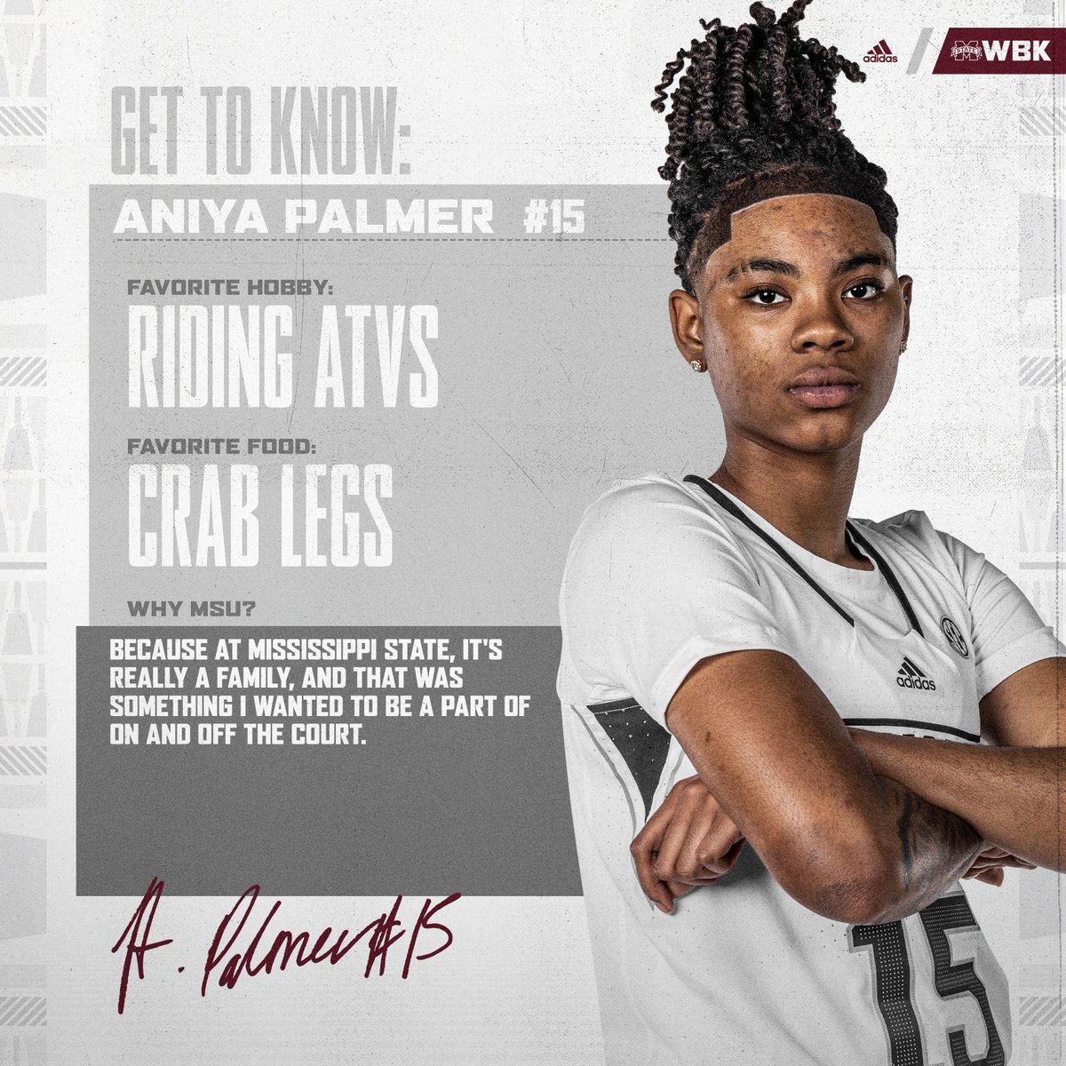 #𝟏𝟓 𝐀𝐧𝐢𝐲𝐚 𝐏𝐚𝐥𝐦𝐞𝐫
🏡 » LaGrange, Ga.
📚 » Freshman
🏀 » Guard/Forward

#HailState🐶 𝘹 <a href="/humble1AP/">Aniya Palmer</a>