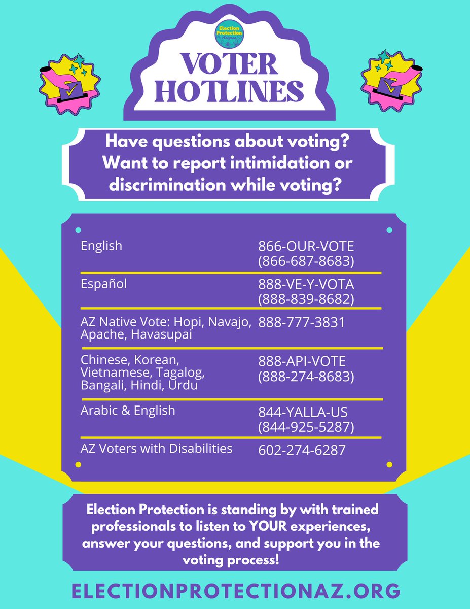 ArizonaResource's tweet image. Having trouble voting? Want to report intimidation or discrimination? Call our voter hotline! 866-OUR-VOTE (866-687-8683)