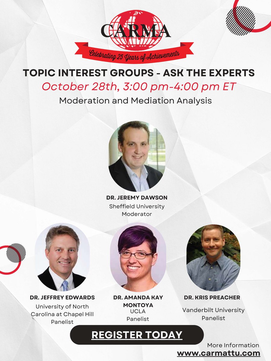 On Friday (3pm ET/8pm UK time) I'll be hosting an "Ast the Experts" session on Moderation and Mediation for CARMA. Any questions you want to ask about these types of statistical analysis? Then register (free of charge) at carmattu.com/topic-interest… and come along then!