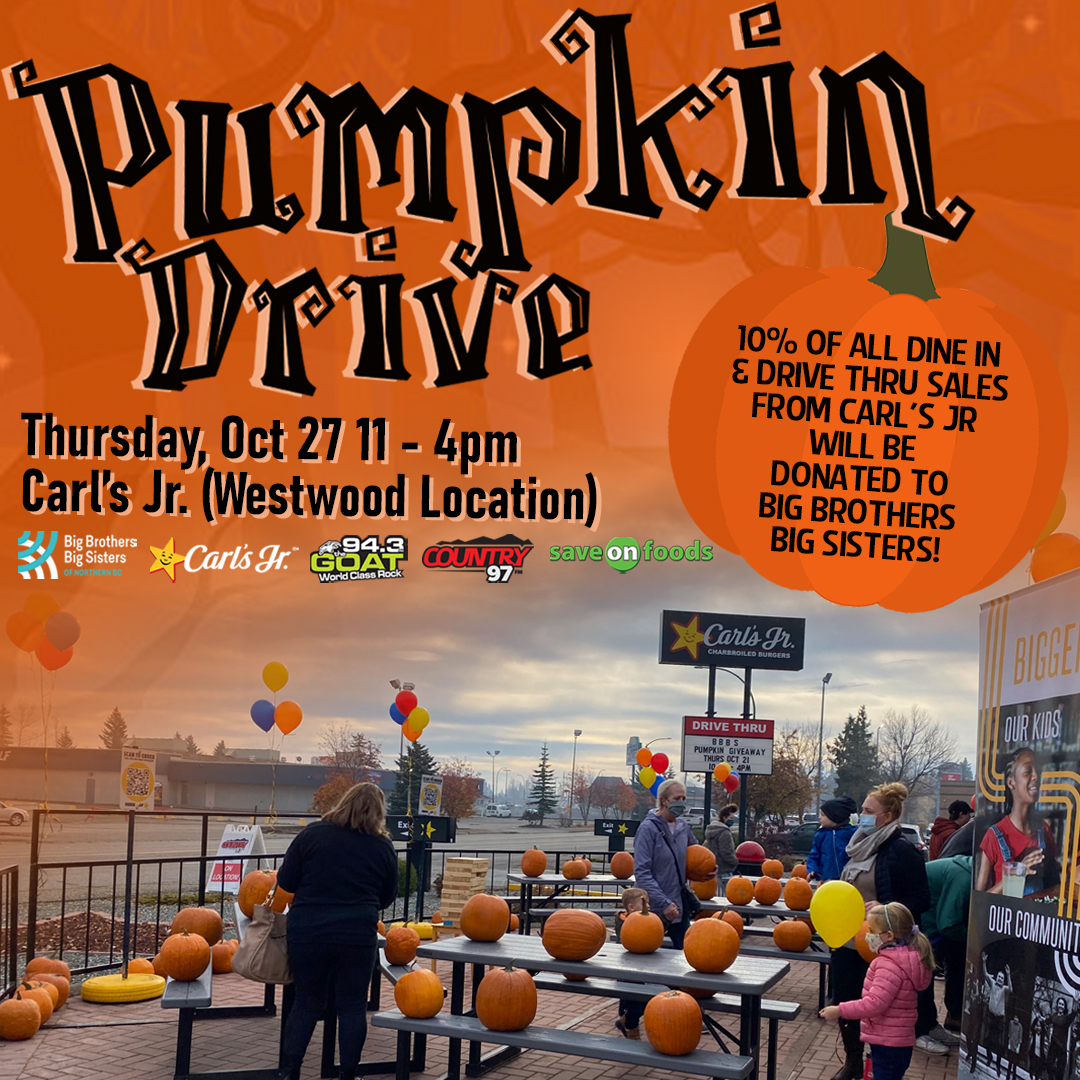 BIGSNBC's tweet photo. What do you get when you mix pumpkin, burgers, the radio station, and helping to spark the potential of local kids? 
The Pumpkin Drive with @CarlsJrCA of course! See you there tomorrow between 11-4pm 🎃🍔

@943TheGOAT @Country97FM @saveonfoods 
#PumpkinDrive #Halloween #CityofPG https://t.co/uO6zQtSJ6V