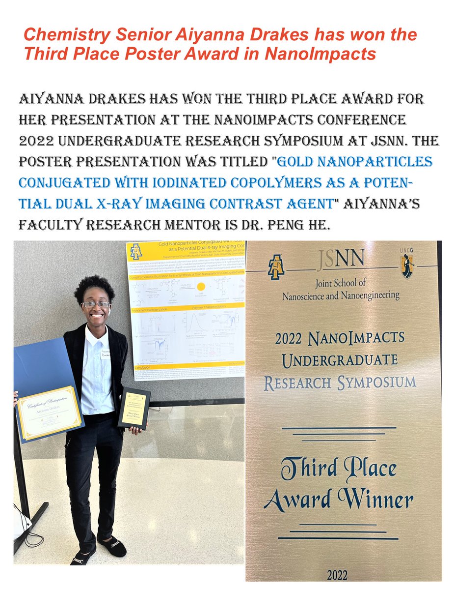 Aiyanna Drakes at <a href="/NCATChemDept/">N.C. A&T Chemistry Department</a>  won the Third Place Award for her presentation at the NanoImpacts 2022 Conference. Kudos Aiyanna