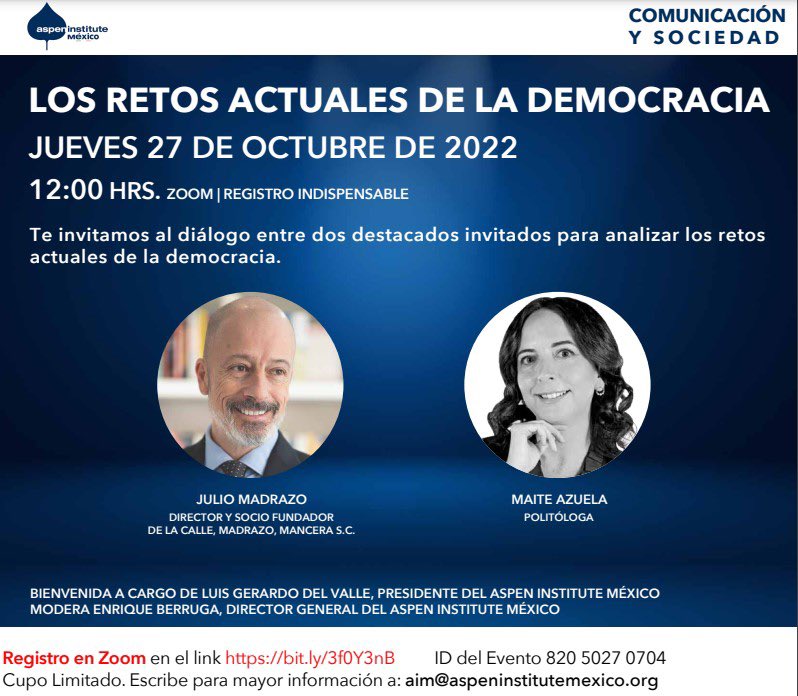 CMM (@cmm_mx) on Twitter photo No se pierdan mañana el #Diálogo entre <a href="/julio_madrazo/">Julio Madrazo</a> y <a href="/maiteazuela/">Maite Azuela</a> a las 12:00hrs.
"Los retos actuales de la #Democracia"
Bienvenida a cargo de: Luis del Valle, presidente del <a href="/AspenMexico/">Aspen Institute México</a>
Modera: <a href="/enriqueberruga/">Enrique Berruga</a>, Director general del <a href="/AspenMexico/">Aspen Institute México</a> No se pierdan mañana el #Diálogo entre <a href="/julio_madrazo/">Julio Madrazo</a> y <a href="/maiteazuela/">Maite Azuela</a> a las 12:00hrs.
"Los retos actuales de la #Democracia"
Bienvenida a cargo de: Luis del Valle, presidente del <a href="/AspenMexico/">Aspen Institute México</a>
Modera: <a href="/enriqueberruga/">Enrique Berruga</a>, Director general del <a href="/AspenMexico/">Aspen Institute México</a>