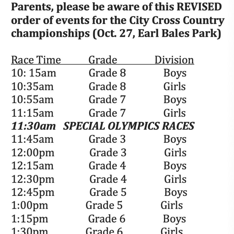 Looking forward to tomorrow’s Cross Country City Finals. Please see REVISED order of events.