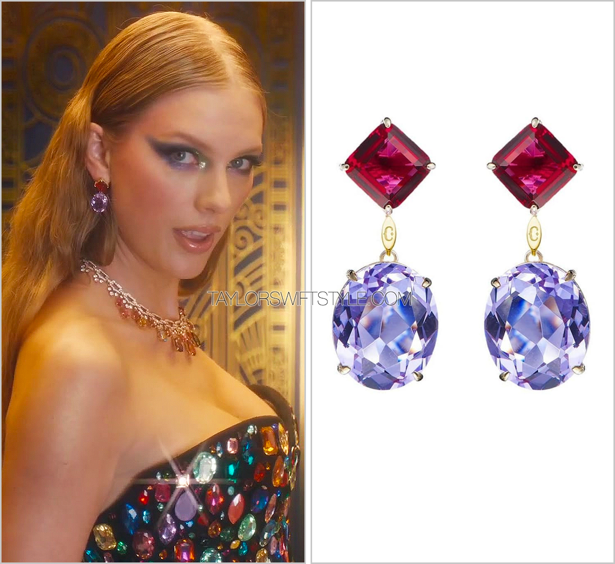 tswiftstyle's tweet photo. Documenting sparkly things for the #BejeweledMusicVideo has been a blast. Here, @taylorswift13 wears #CandyIce earrings (price available upon request). https://t.co/r616nNO5lc