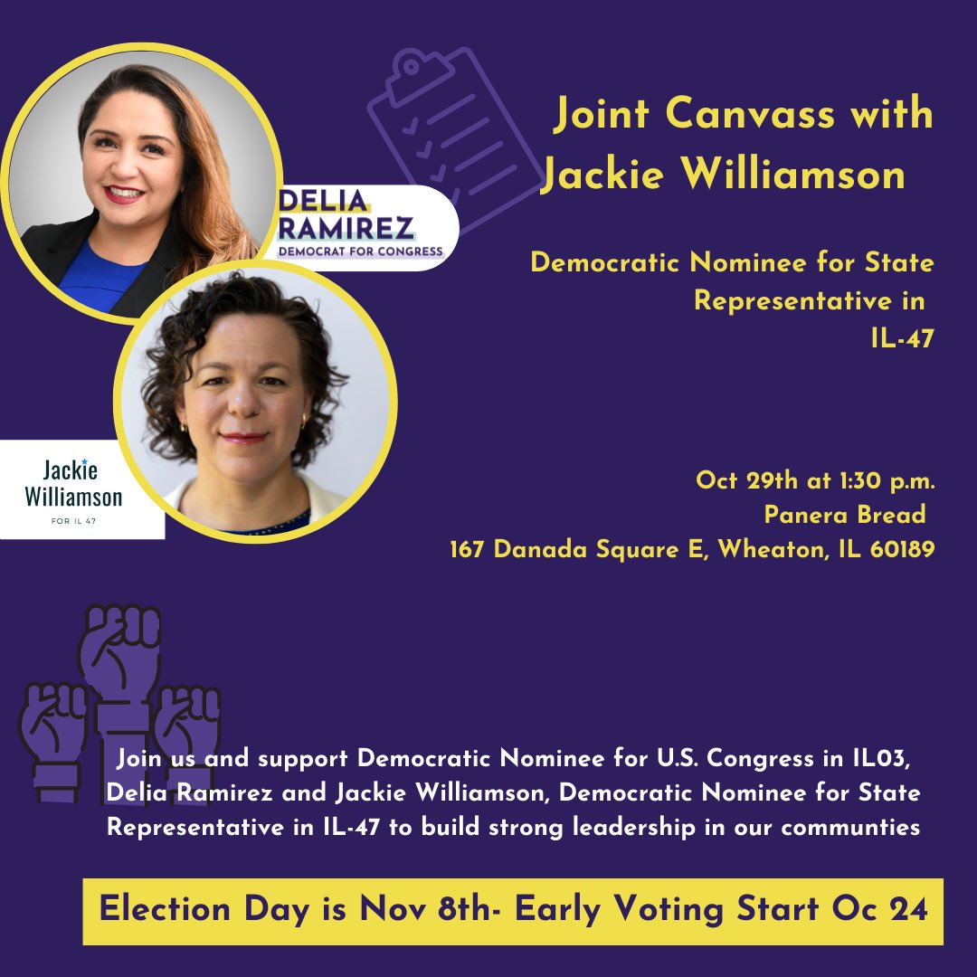 jackieforil47's tweet photo. This Saturday!! Join me and @Delia4Congress at Panera Bread and enjoy a gorgeous fall afternoon while knocking doors to get out the vote! https://t.co/YwNr4LM5Ea