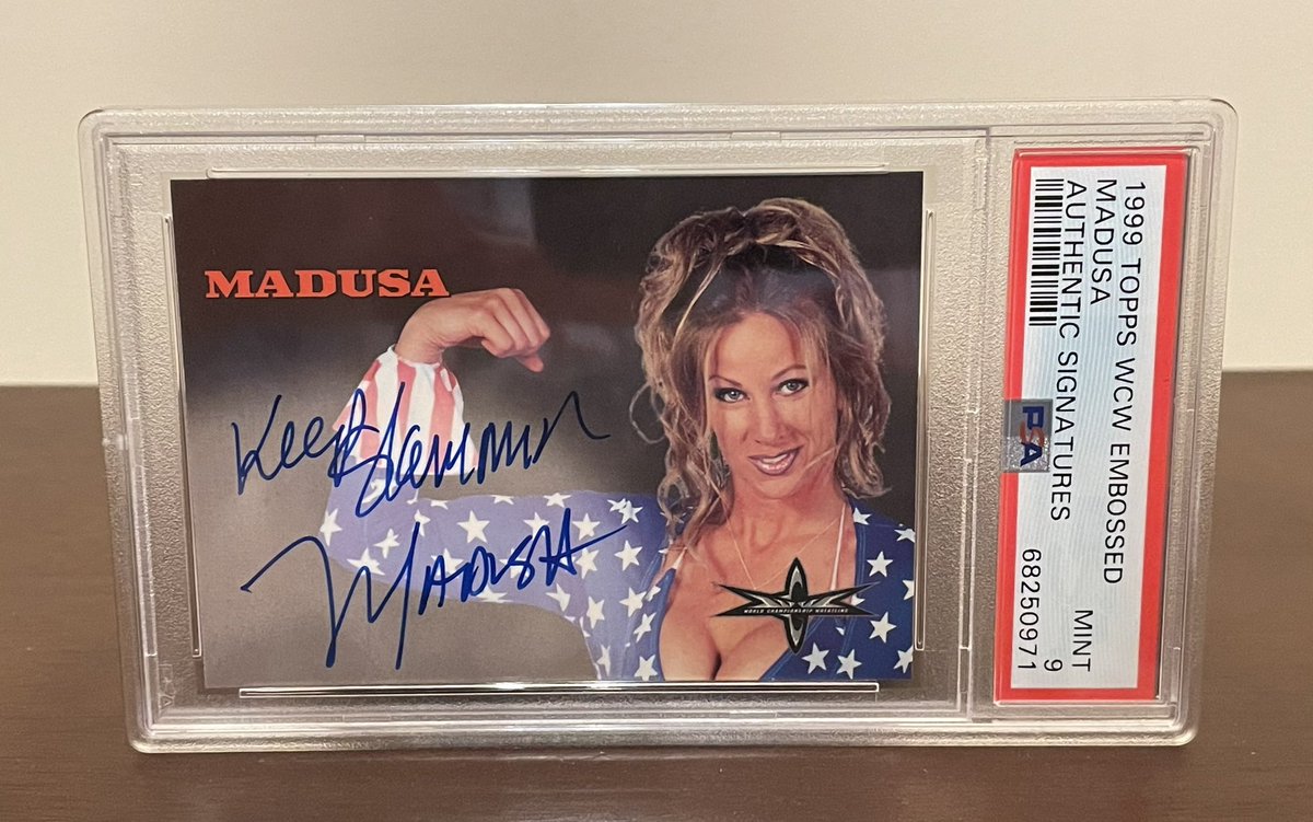 Axel_Foley13's tweet photo. Completed PSA graded WCW Autos are up to about 15 with this PSA 9 POP 1 NONE HIGHER!! @Madusa_rocks Love the cards with inscriptions! #madusa #femalegoat #alundrablayze #thehobby #wrestlingcards #wcwautographs #goatset #psa https://t.co/cX6JaGaISv