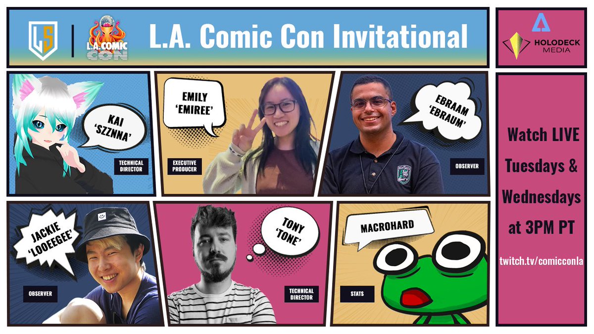 We are live again with <a href="/comicconla/">Los Angeles Comic Con</a> Invitational powered by @LeaguespotGG!

Our production would be nothing without the incredible minds organizing and leading the broadcast. Join us live at: twitch.tv/comicconla