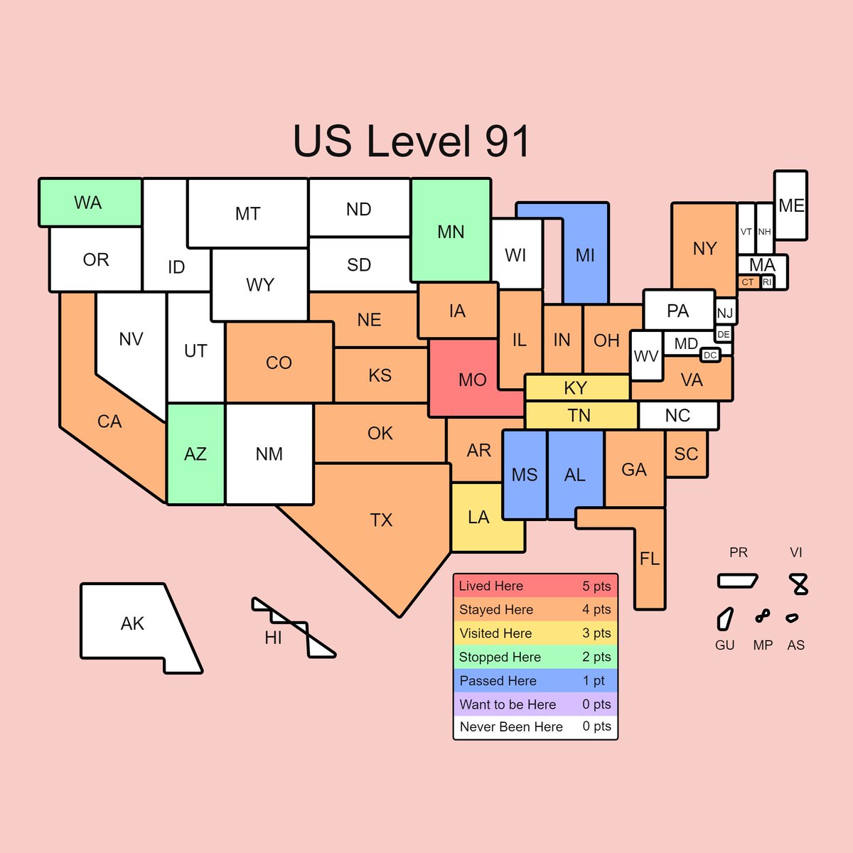 Pretty good for a guy who doesn't fancy himself a "traveler". I do hope to fill in more of these states soon! <a href="/smartagill/">Marta Gillilan</a> <a href="/Jenntbeard/">Jenn Beard</a> I want to see your maps! What's your level?! 
tenpages.github.io/us-level/us.ht…