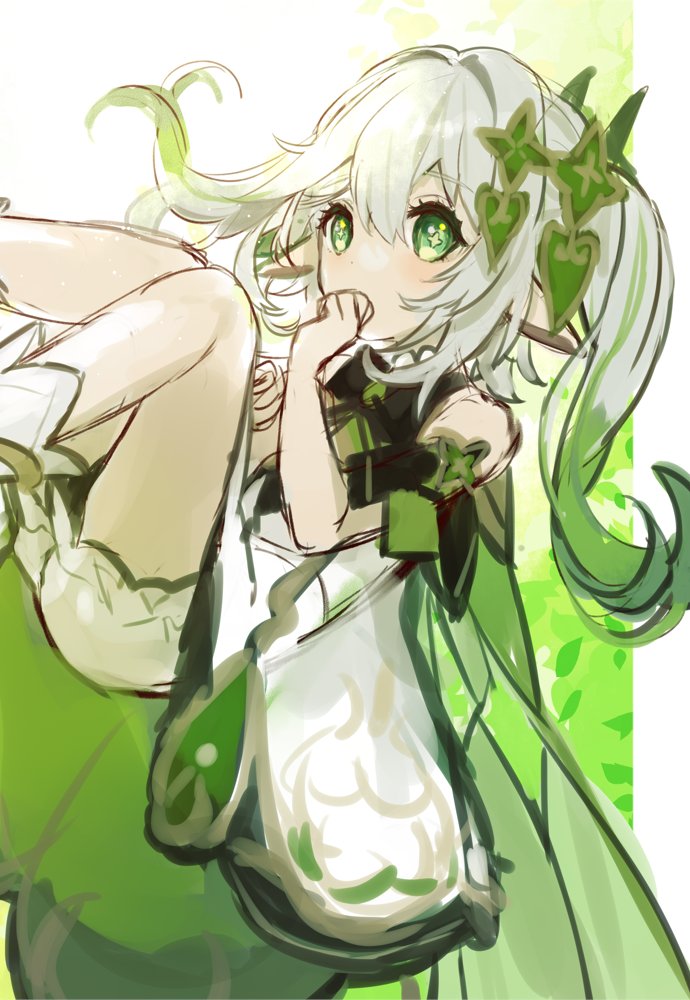 nahida (genshin impact) 1girl solo green eyes dress pointy ears side ponytail white dress  illustration images