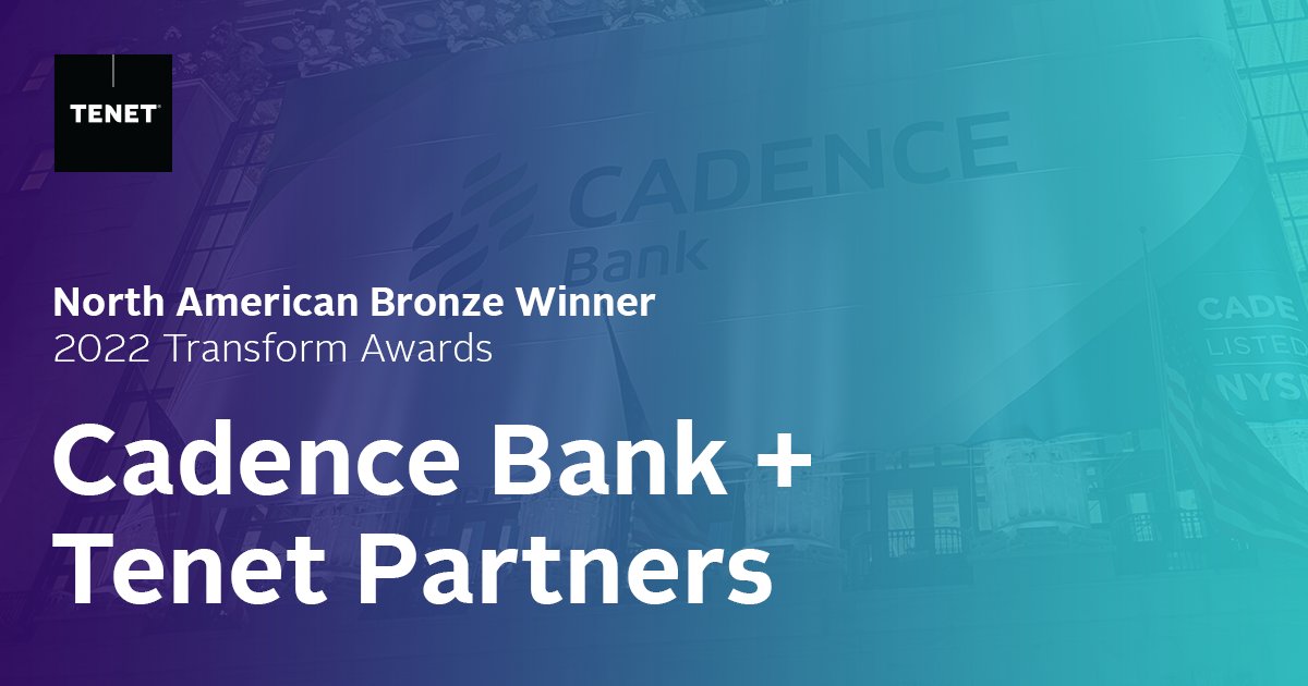 Our client <a href="/CadenceBank/">Cadence Bank</a> won Bronze in this year’s Transform Awards! As one judge noted, “a human, friendly and accessible quality" pervades the new brand. Congratulations to the Cadence and Tenet teams who worked hard to bring this new #brand to life. #transformawards #awards