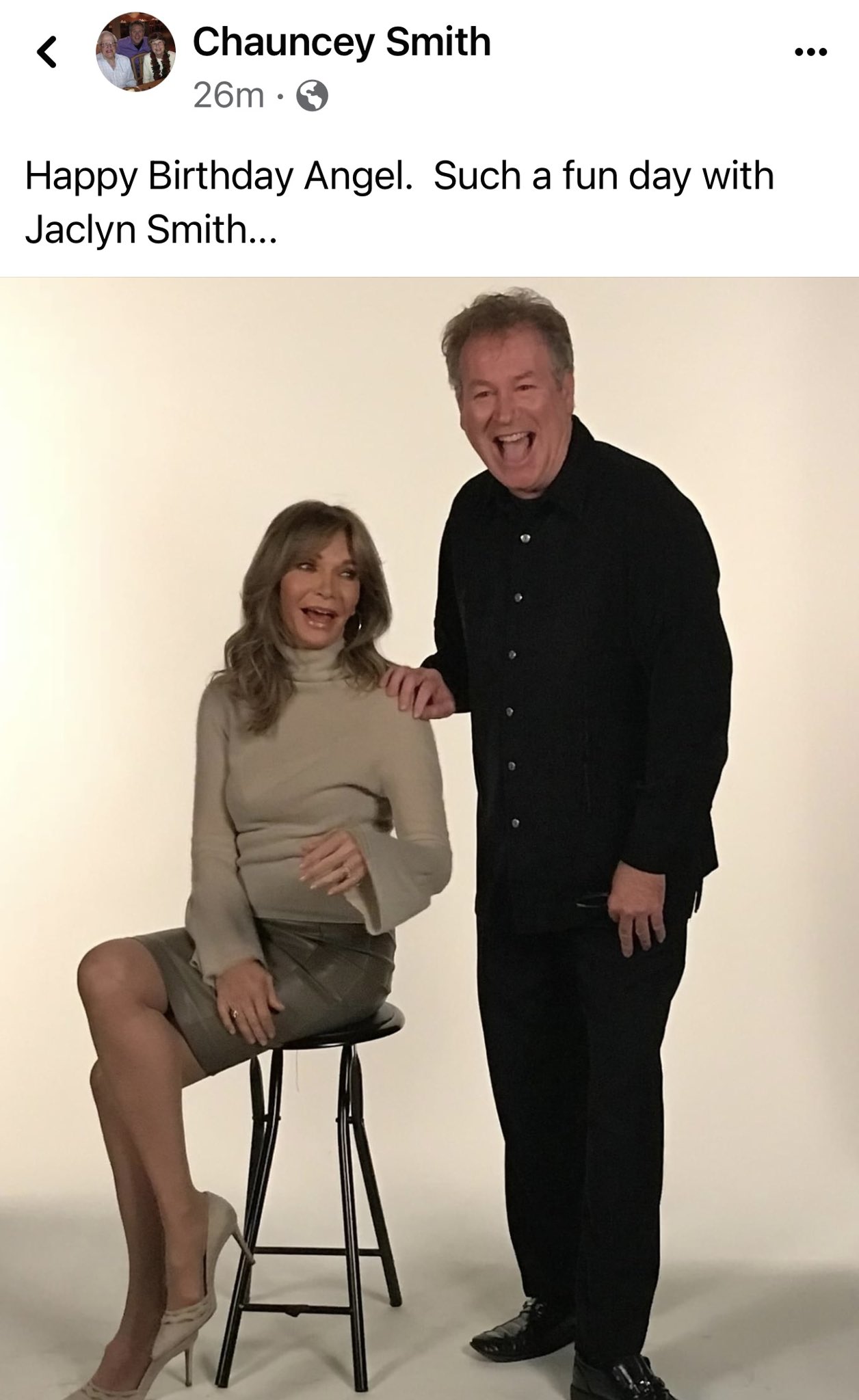 Love this picture with our Producer, Chauncey Smith.  Happy Birthday Jaclyn Smith!!! 
