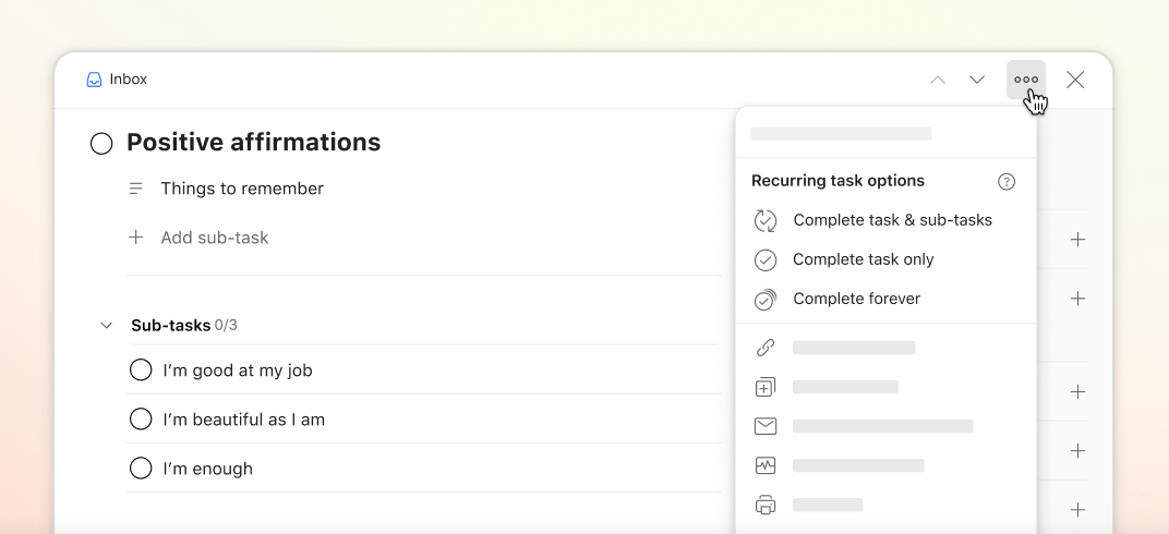todoist's tweet photo. 🧪Next Experimental feature:
⚡️Resetting sub-tasks!⚡️

A big one! 👀After many requests, the default is now to reset sub-tasks when a recurring task is completed! 

Feedback, please!
Web: https://t.co/Y3xqiZl0xb
iOS: https://t.co/rdZaM4YxHE
Android: https://t.co/20pxGUv01M https://t.co/Fj2uL3Eryg
