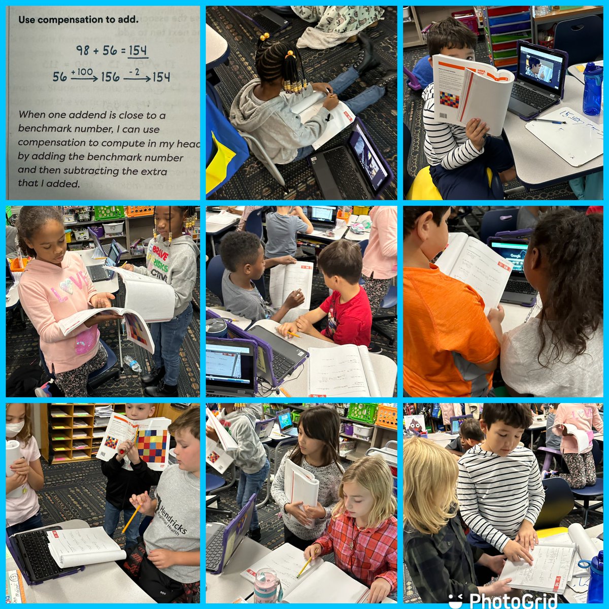 TheMrDeWitt89's tweet image. We learned how to use compensation and friendly numbers to add. For example 99 + 17. 99+1 = 100. 100 + 17 = 117. Then we just -1 to get our answer, 116. We used @Flipboard to explain our thinking. @RobeyRockets #wearewayne #friendlynumbers