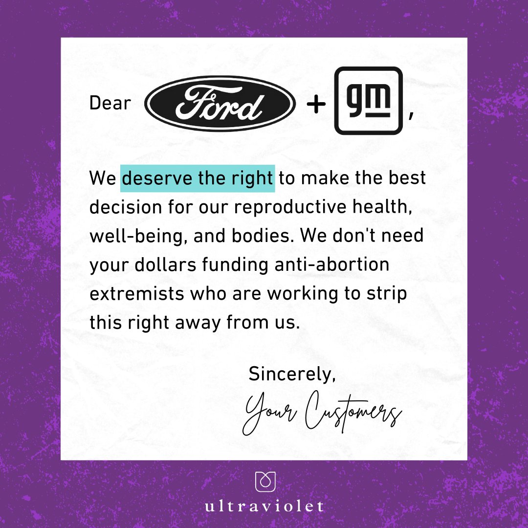 UltraViolet's tweet photo. .@Ford & @GM are a major part of the Michigan DNA. Combined, they have donated $90K+ to anti-abortion lawmakers in Michigan alone since the 2020 cycle! #ReproReceipts #DefendBlackVoters
Learn about their corporate political giving and take action today: https://t.co/nGsz8iUvnI https://t.co/oJXEnGvuyl