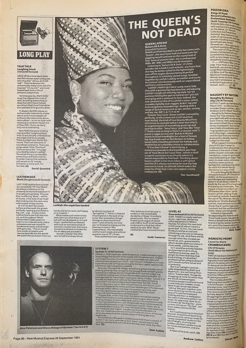 Albums! Queen Latifah! Naughty By Nature! Talk Talk! System 7! Agnostic Front! And more! NME, 28 September 1991. #NME #MyLifeInTheUKMusicPress #1991