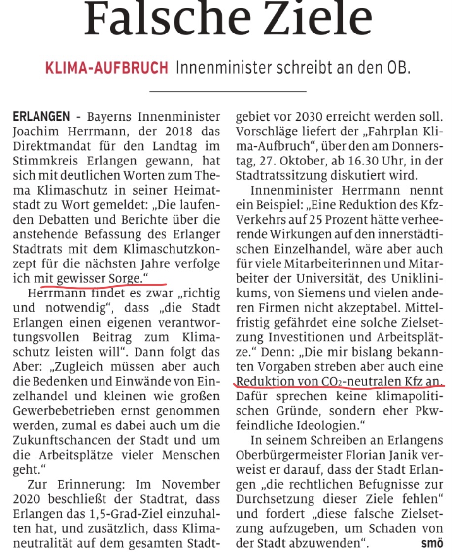 So schreibt der bayerische Innenminister. Er versucht Einfluss auf Entscheidung des Stadtrats Erlangen zu nehmen. 
Er torpediert #Klimaaufbruch.
§Er hat Sorge, dass Erlangen Klimaschutz umsetzt. " Unfassbar.