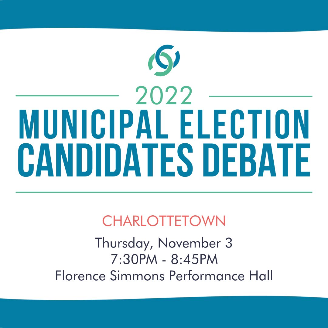 On Thursday, November, 3, we will be hosting a Charlottetown Mayoral Candidates debate from 7:30-8:45PM at Holland College's Florence Simmons Performance Hall.

RSVP to attend the debate here: bit.ly/3FftTb1, or tune in to the live stream on our Facebook page.