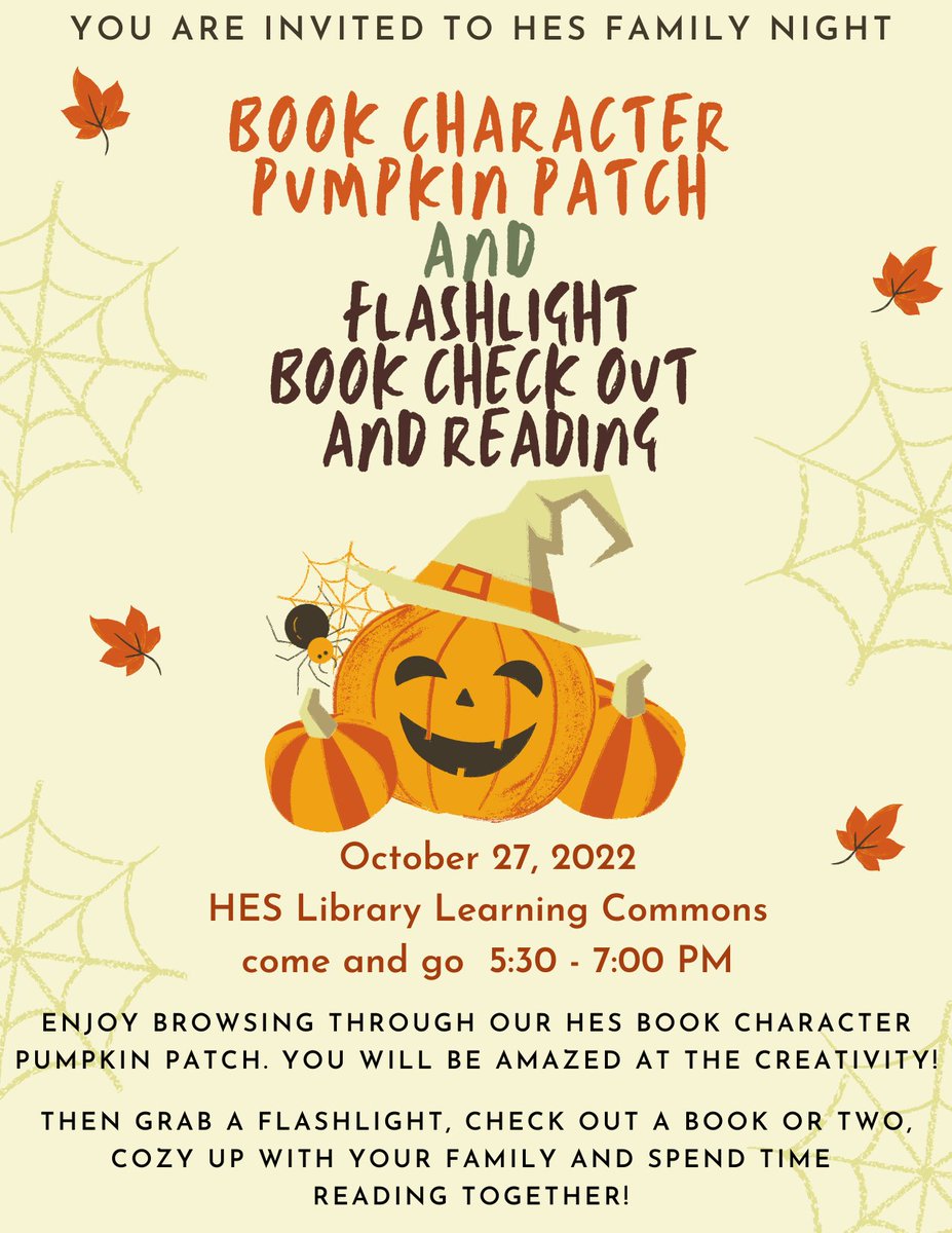 WallaceHESlib's tweet photo. HES Families @HesParents @HESRegalEagle Join us in the library Thurs, 10/27, 5:30-7 come &amp; go. Enjoy our book character pumpkin patch! Check out new books to read together! 
*Bring your HES library books to exchange.
*We have some flashlights, but feel free to bring one #gcisdlib https://t.co/sb0Zw4CKwt