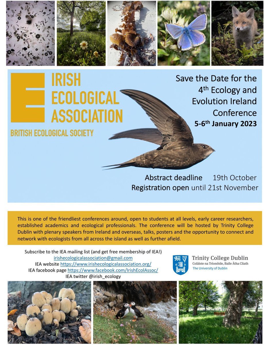 Abstract submission for the 4th Ecology and Evolution, Ireland conference is still open until ** 1st November! ** Submit your abstract here:  irishecologicalassociation.org/events/ecoevo2… for your opportunity to present at this friendly and welcoming conference