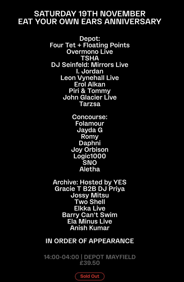 Selling x2 tickets to EAT YOUR OWN EARS ANNIV. MANCHESTER 19th NOV - Sold out event / Face Value! DM for deets #eyoe #fourtet #eatyourownears #eatyourownearsanniversary <a href="/EatYourOwnEars/">Eat Your Own Ears</a> <a href="/depotmayfield/">depotmayfield</a>