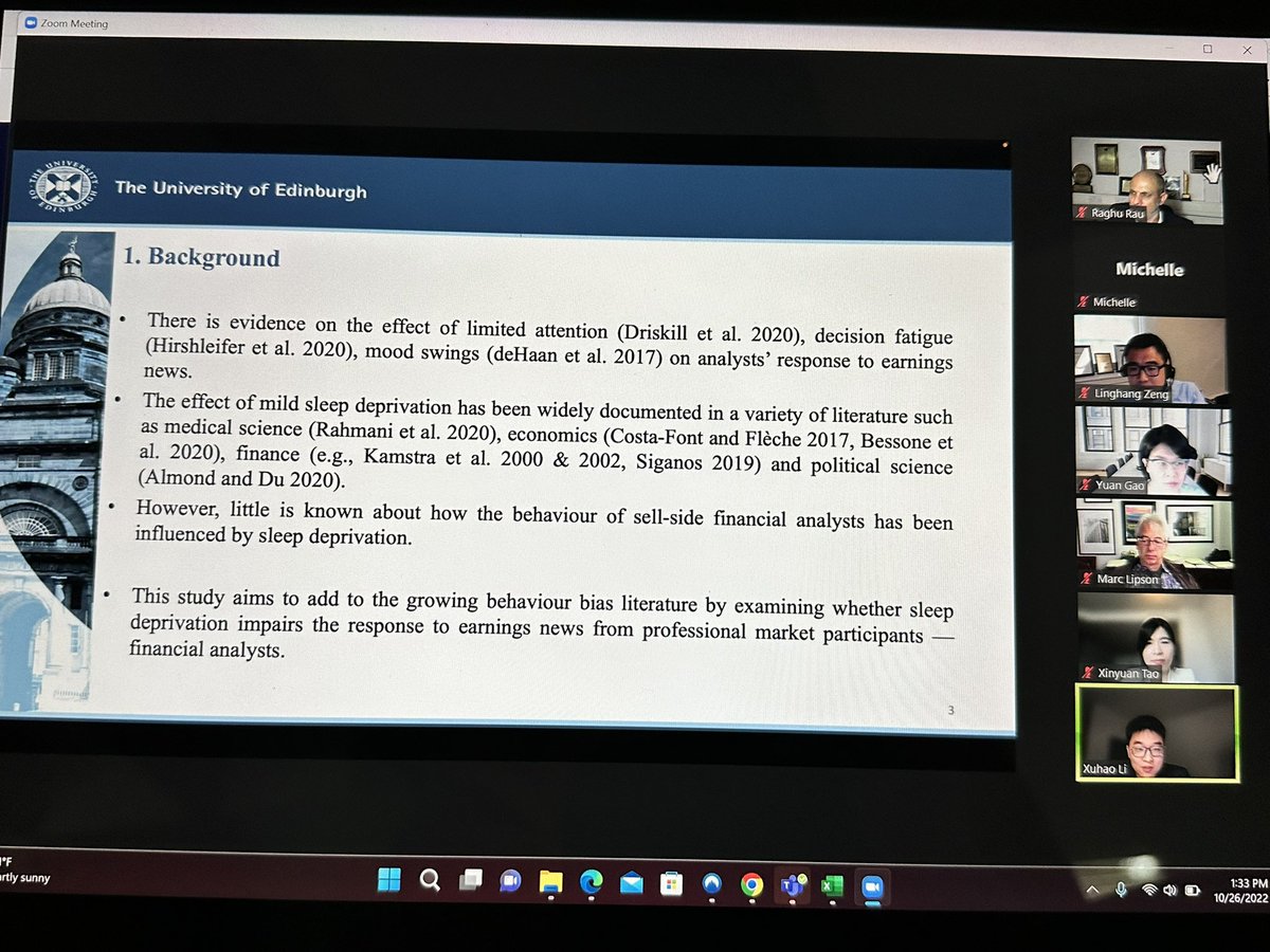 Really enjoying the <a href="/finmgmtassoc/">FMA International</a> #fmaatlanta2022 virtual sessions! Here’s Xuhao Li from <a href="/uoebusiness/">University of Edinburgh Business School</a> presenting on sleep deprivation (using DST as an exogenous shock) on financial analysts’ response to earnings news. #downwithdaylightsavings