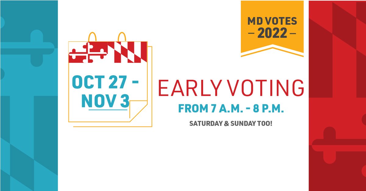In-person early voting begins tomorrow in Maryland and continues through Thursday, November 3. Regardless of who you are voting for or your party affiliation, exercising your right to vote is important. 

To find an early voting center near you, visit: vote.md.gov/VoteEarly.