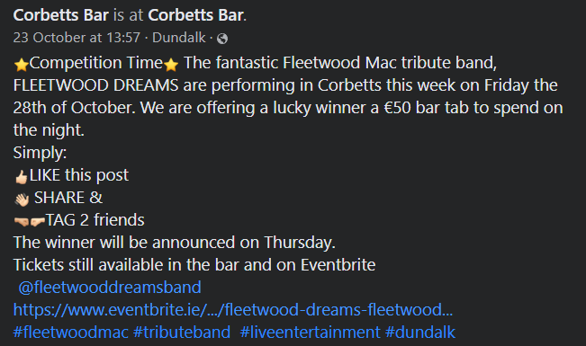 StarSearch_Ire's tweet photo. Competition TimeThe fantastic Fleetwood Mac tribute band, FLEETWOOD DREAMS are performing in Corbetts this week on Friday the 28th of October. We are offering a lucky winner a €50 bar tab to spend on the night.Simply:👍🏻LIKE this postSHARE&amp; TAG 2 friends. https://t.co/o2kt3zuJte