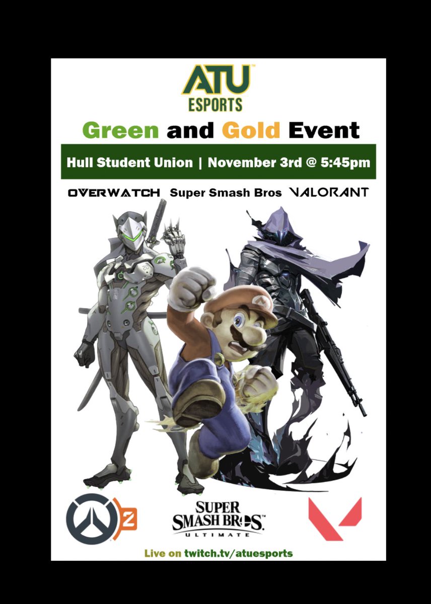 Next week we are holding a Green and Gold event!! Come watch in person in the student union or watch on our twitch. #Valorant and #Overwatch2 will be online but #SuperSmashBrosUltimate will be played live in the union!! Come cheer on your favorite players!! <a href="/ATUCampusLife/">ATU Campus Life</a>