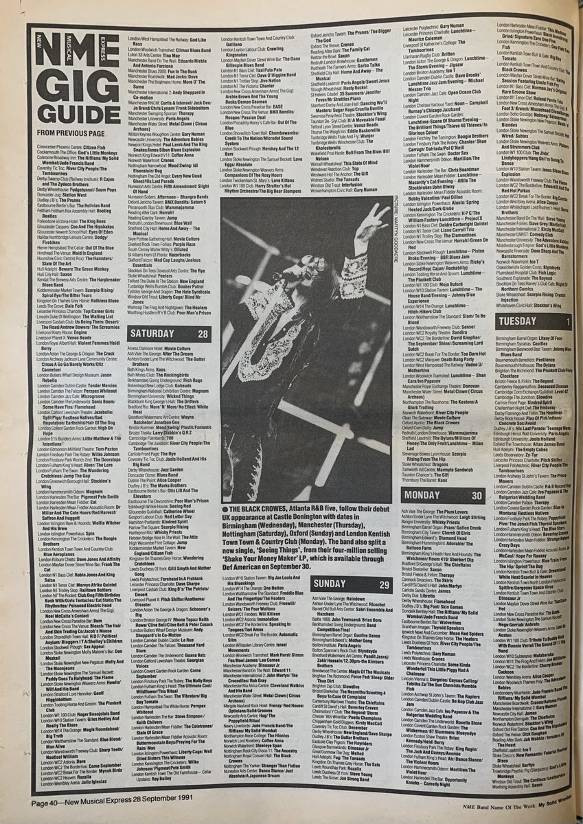 Gig Guide! Who’s where. NME, 28 September 1991. #NME #MyLifeInTheUKMusicPress #1991
