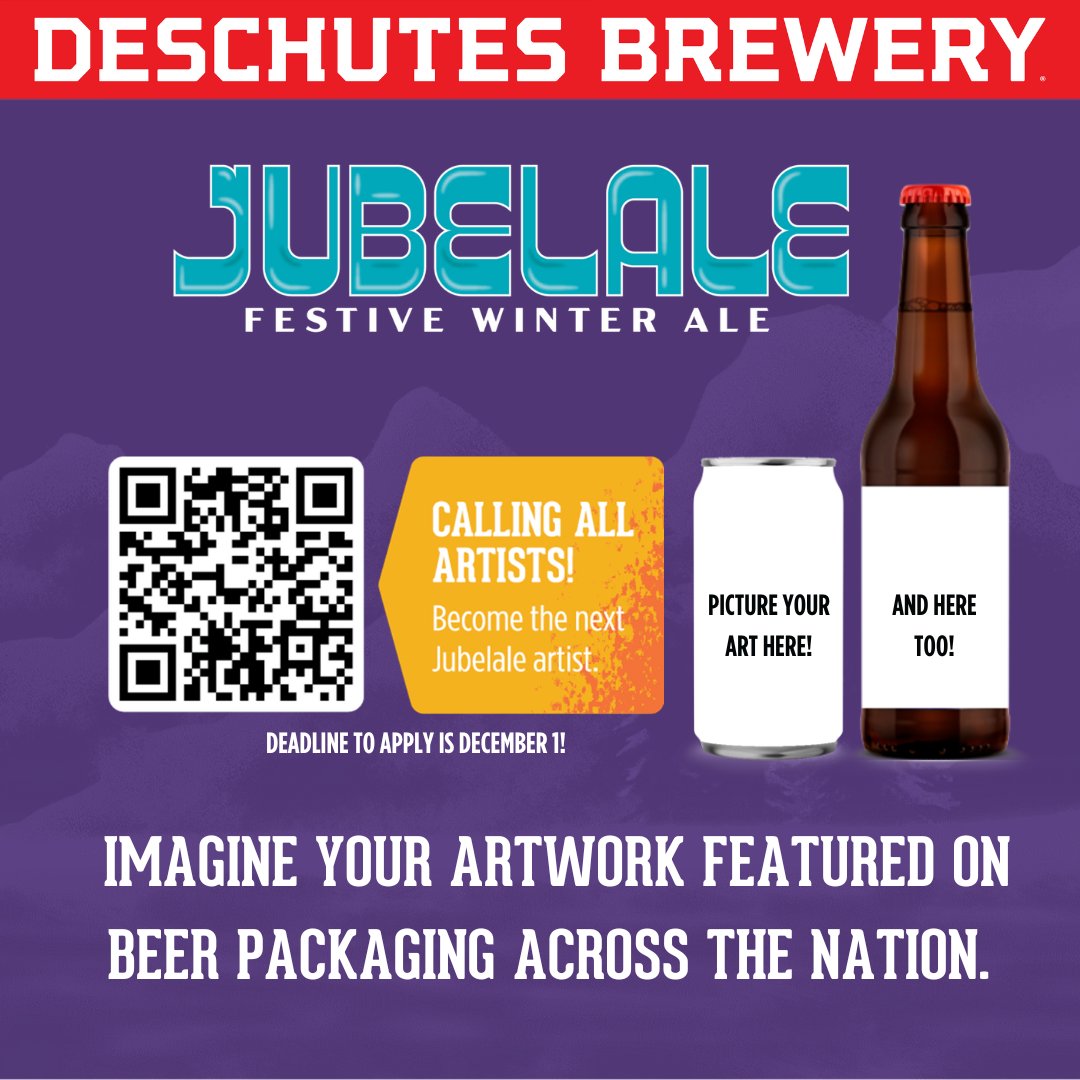 See that smile from our 2022 Jubelale artist? Are you an artist? Well, that could be you in 2023! For the first time ever we're opening up our artist search nation wide to find our next Jubelale artist. Scan the QR code or click 👇
deschutesbrewery.com/jubel-app

#ArtistSearch #Jubelale
