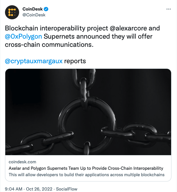 CORRECTION: Blockchain interoperability project @axelarcore and @0xPolygon Supernets announced they will offer cross-chain communications. @cryptauxmargaux reports: trib.al/MEkyv9X