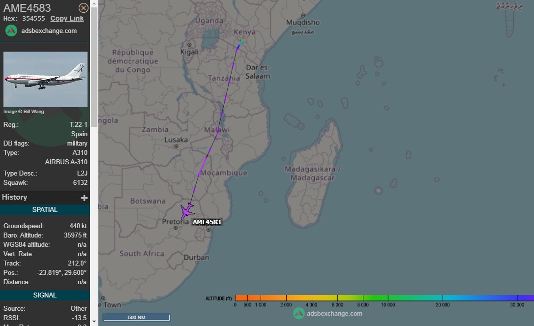 5472_nde's tweet photo. AME5483 #SpanishAF A310 out of Nairobi, over #SouthAfrica. 1850z https://t.co/utu8orDNGi