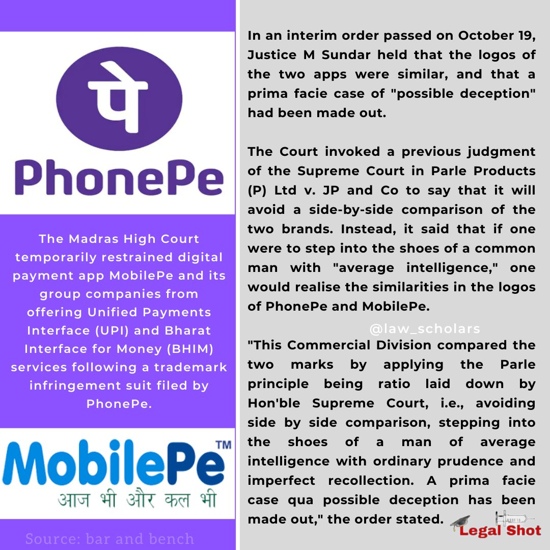 law_scholars's tweet photo. Madras High Court restrains (for now) MobilePe from offering UPI, BHIM services after PhonePe trademark suit.
#PhonePe #MobilePe #UPI #BHIM
#MadrasHighCourt #Trademark #Suit
#LawScholars #Lawyers #Lexmates #Legal
#LegalAwareness #LegalKnowledge #LegalShot https://t.co/TvT496Mye0