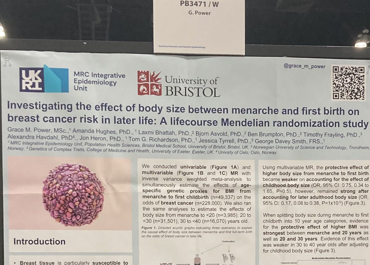 Breast tissue is particularly susceptible to exposures between menarche and first birth. If at #ASHG22 check my poster looking at the effects of body size during this life stage on breast cancer (PB3471) <a href="/mrc_ieu/">MRC IEU</a> w/ <a href="/mendel_random/">george davey smith</a> <a href="/ammhughes/">Amanda Hughes</a>  <a href="/iTomRichardson/">Tom Richardson</a> @alexhavdahl et al.
