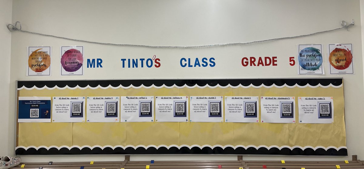 MrTinto_'s tweet photo. At @DArcyTCDSB QR codes aren’t just for restaurant menus. Our class used them to link to our “All About Me” Google Slides presentations we completed in class. Parents were able to scan them on curriculum night to  see presentations! https://t.co/ga0g4irQlm