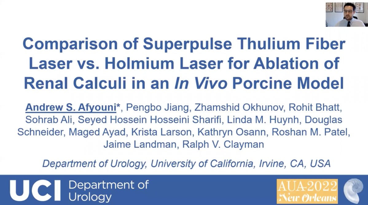 Comparison of superpulse thulium fiber laser vs. holmium laser for ablation of renal calculi in an in vivo porcine model. @AndysheaAfyouni @UCI_Urology presents results of this study on UroToday > bit.ly/3QQXIAx @UCIrvine