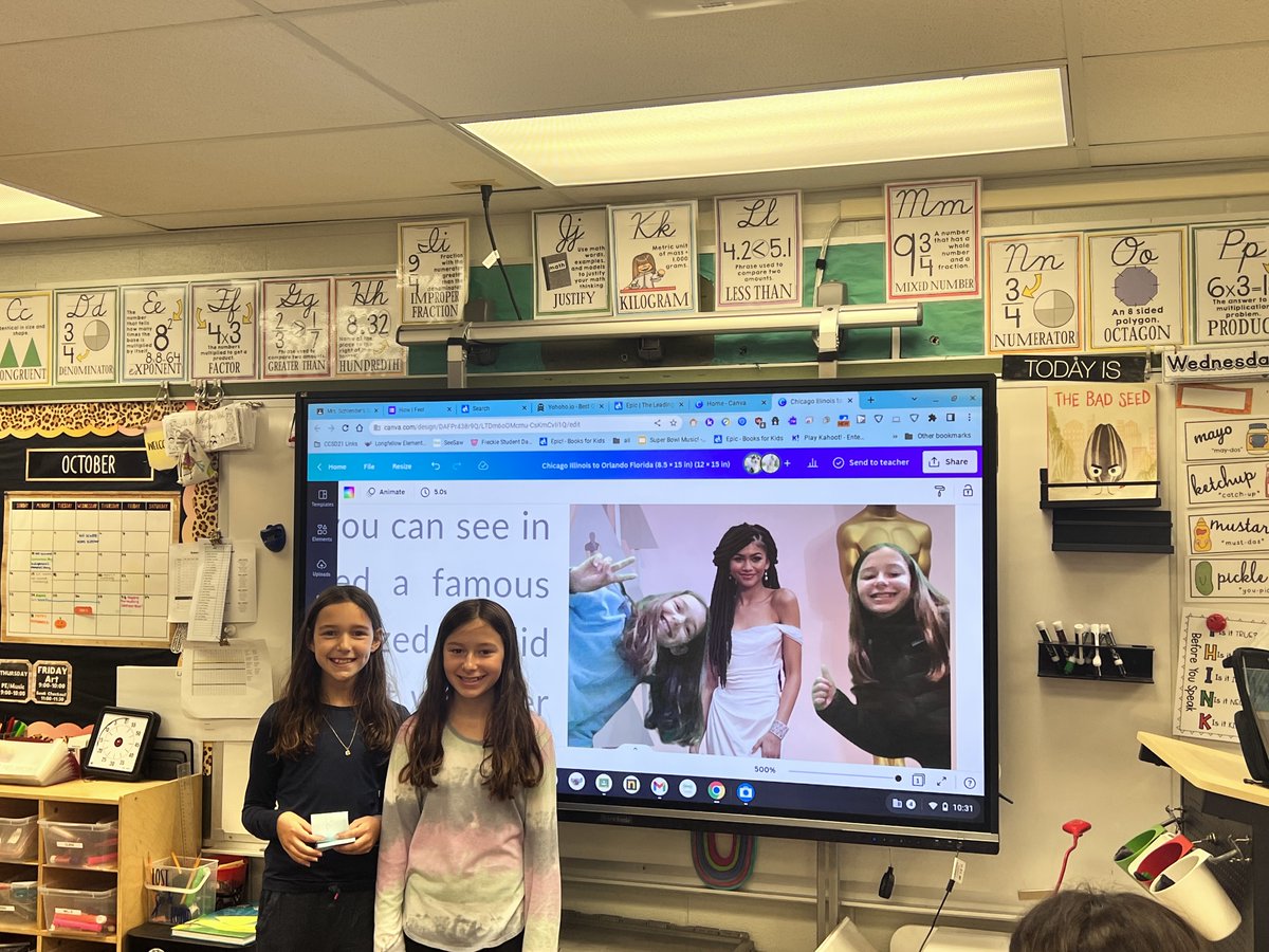 I'm Kaily &amp; I'm the Tweeter of the Day. One of our  math options was to create a travel project going to IL, FL, NY, LA &amp; back. On our trip we took photos of places we went. We used a green screen to edit ourselves into photos. Our favorite was a photo with Zendaya. #21learns