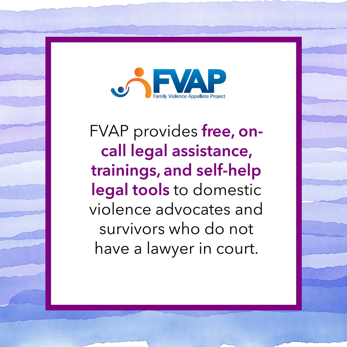 FVAP provides free on-call legal assistance, trainings, and self-help legal tools to domestic violence advocates and survivors who do not have a lawyer in court. 

Make a donation today to help us continue to make justice accessible to all survivors. 
buff.ly/3Rm7pHK