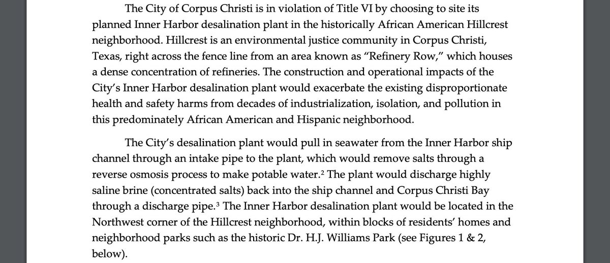 A historically Black neighborhood in Corpus Christi filed a civil rights complaint to the EPA today re: City of Corpus Christi's plan for a seawater desalination plant nearby. This is one of 4 seawater desalination plants planned on the Corpus Christi Bay. earthjustice.org/sites/default/…