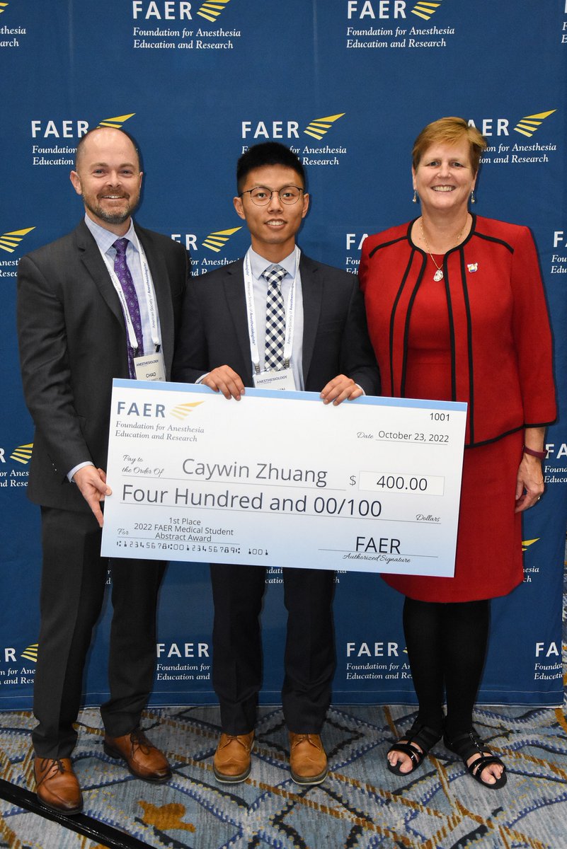 Huge congratulations to our #FAERmsarf winners from #ANES22! 1st Place: Caywin Zhuang 2nd Place: Limi Sharif ( @LimiSharif) 3rd Place: Shawn Kaura ( @shawnkaurapmr) #TheFutureIsFAER #Anesthesiology #Research #MedStudent @HarrietHopfMD @drchadb @eSASAnesthesia